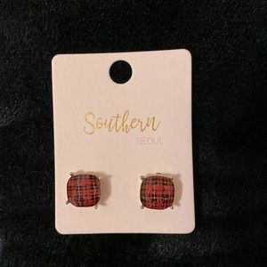 Red Plaid stud earrings with gold posts